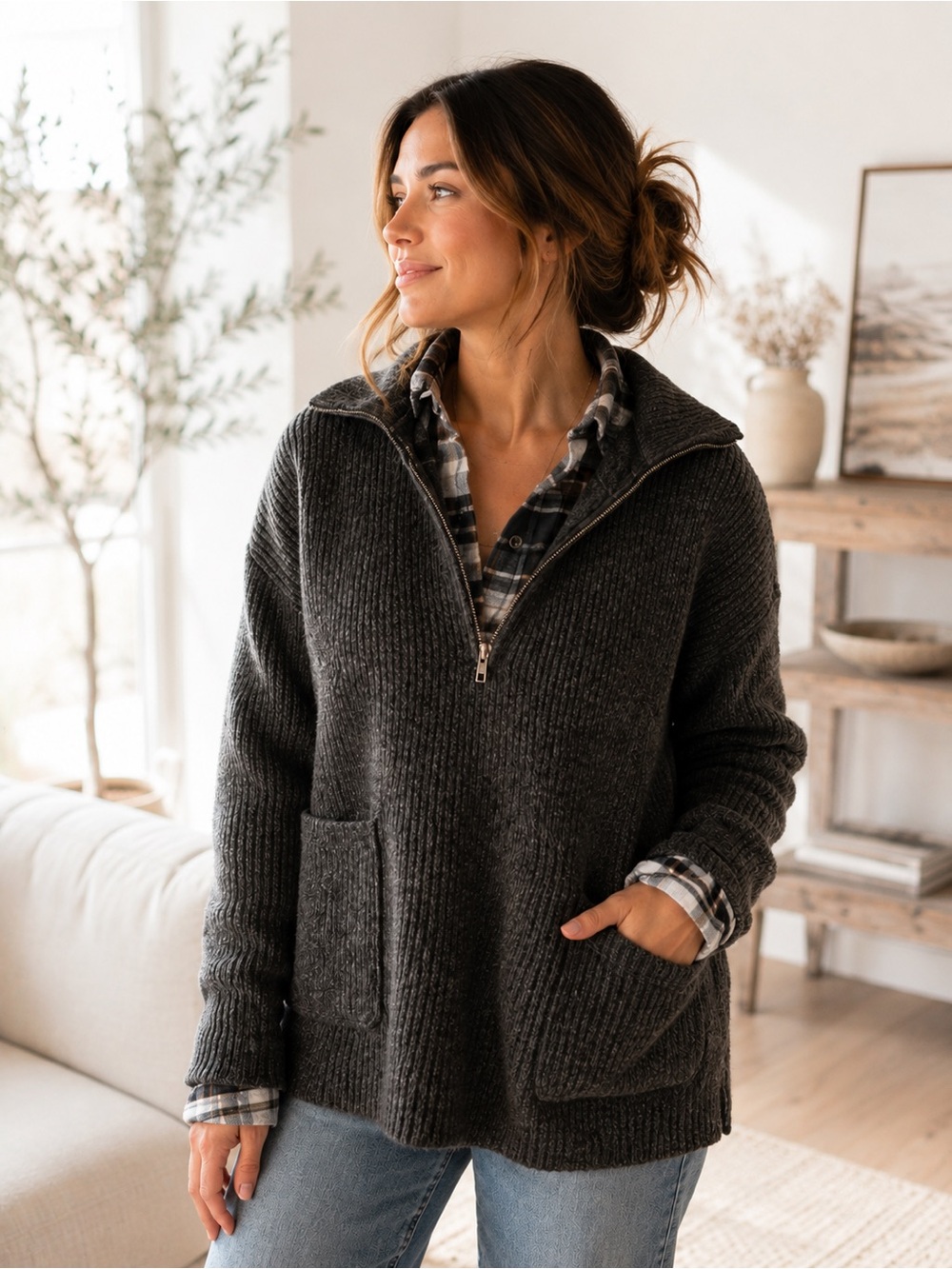 Madewell GLENBROOK HALF ZIP WOOL BLEND SWEATER IN HEATHER GRAPHITE Sz XS